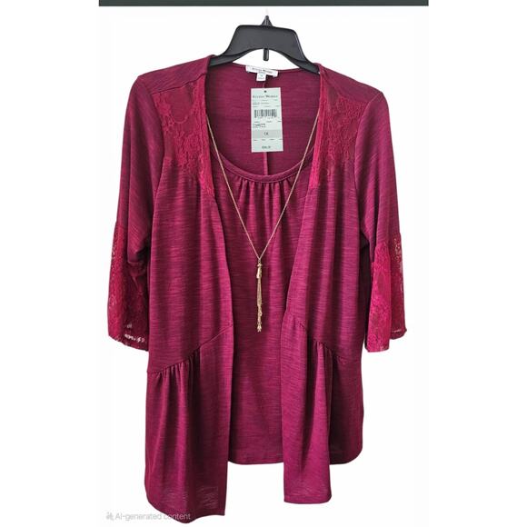 Studio Works Women's Lace Detail Wine Glace Cardigan & Necklace Set - Size 1X - Picture 2 of 10